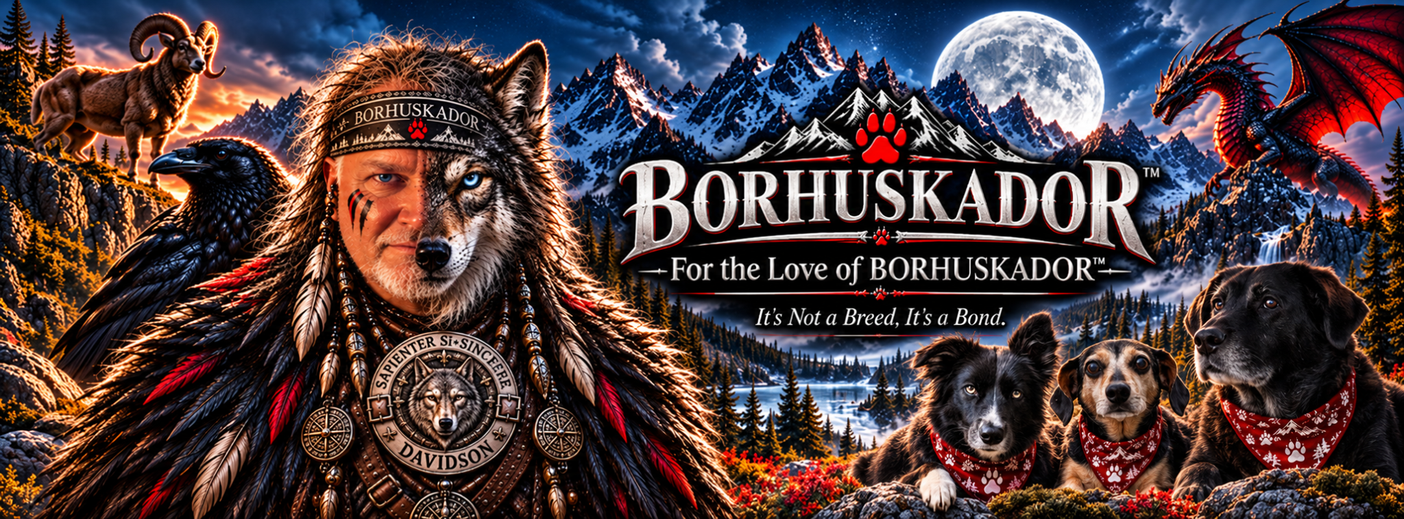 Original BORHUSKADOR artwork with half-human half-wolf guardian, bighorn sheep, raven, dragon, moonlit mountains, and Cercie, Jack, and Kodah